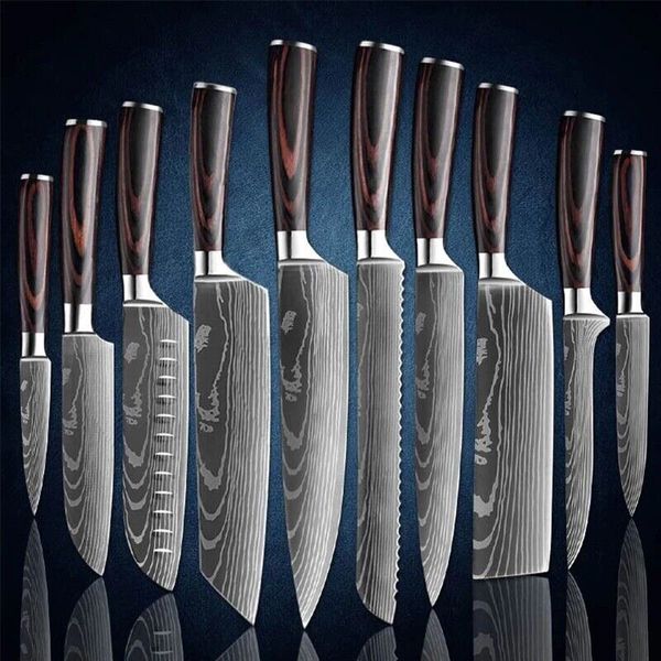 Kitchen Knife Set Stainless Steel Japanese Damascus Pattern Cleaver Chef Knives