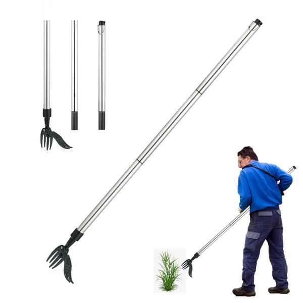 DZANNC Long Handle Weeding Tool, For Gardening, Weed Removing Tool, 3-Stage Upright Manual Weed Removal Nipper, Strong 4 Claws, Standing Weed Root Pull, For Agriculture, Grass Trimming, Durable,