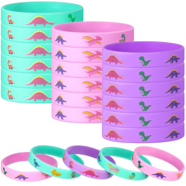 30 Packs Dinosaurs Silicone Wristbands Dinosaur Birthday Party Supplies Pink Rubber Wrist Bands Girl Dino Bracelets for Dinosaurs Theme Birthday Party Favors Gifts Bags Stuffers, 3 Colors