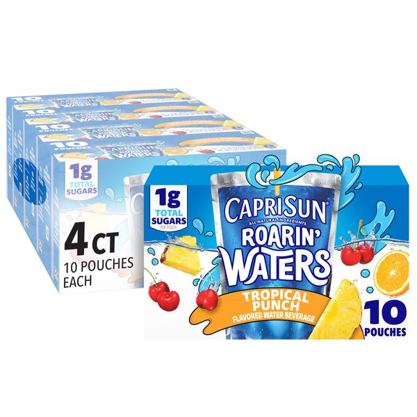 Capri Sun Roarin' Waters Tropical Punch Flavored Water Kids Beverage (40 Ct Pack, 4 Boxes of 10 Pouches)