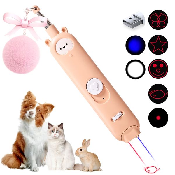 Gochanmon Cat Laser Toys, 2 in 1 Laser Pointer Cat Toys,Internative Cat Toys for Indoor Cats,3+5 Light Modes Cat Wand Toy, Retractable Cat Feather Toys, Long Range Kitten Toys,USB Rechargeable