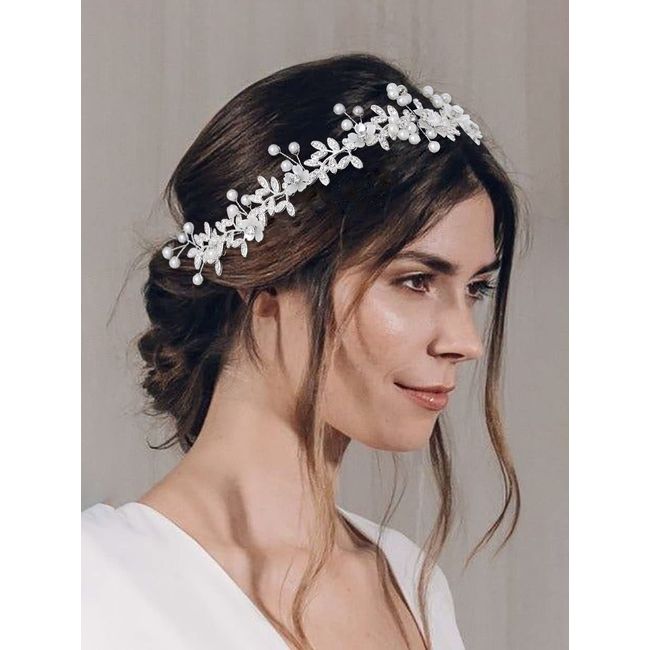 IYOU Crystal Bridal Hair Vines Leaf Silver Wedding Headband Pearl Flower Bride Bridesmaid Hair Accessories for Women