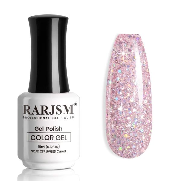 RARJSM Glitter Gel Nail Polish Nude Pink Chunky Shimmer Iridescent Glitter Gel Polish 15ml Rainbow Holographic Effect Soak off Led UV Curing Required High Pigments Gel for Home Manicure Nail Art…