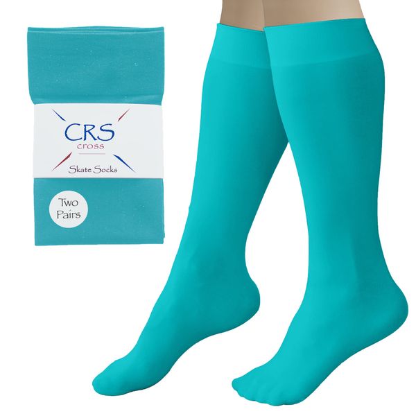 CRS Cross Figure Skating Socks (2 Pair) Premium Knee High Tights for Ice Skates, Footed Skate Socks, Ice Skating Socks, Dance (Triple Teal)