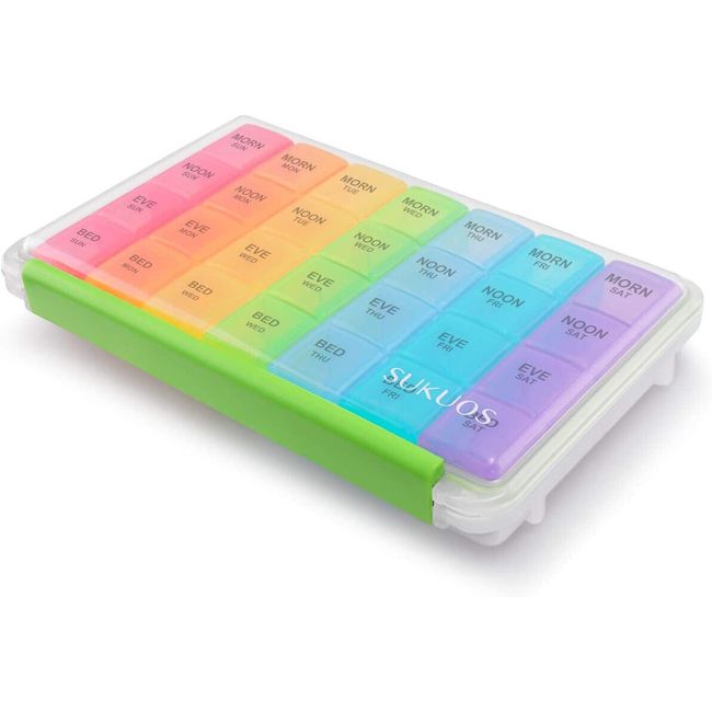 Sukuos 7-Day Pill Organizer, Large Moisture-Resistant Cases - Rainbow Colors