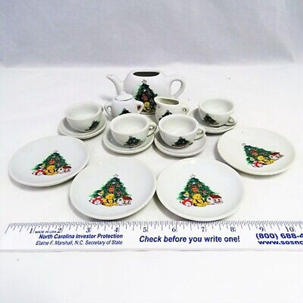 Christmas Mini Ceramic Tea Set 15 Pc Teapot Cup Saucer Plates Creamer Sugar Bowl