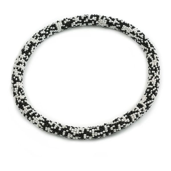 Avalaya Statement Chunky Snow White/Black Beaded Stretch Necklace - 50cm L