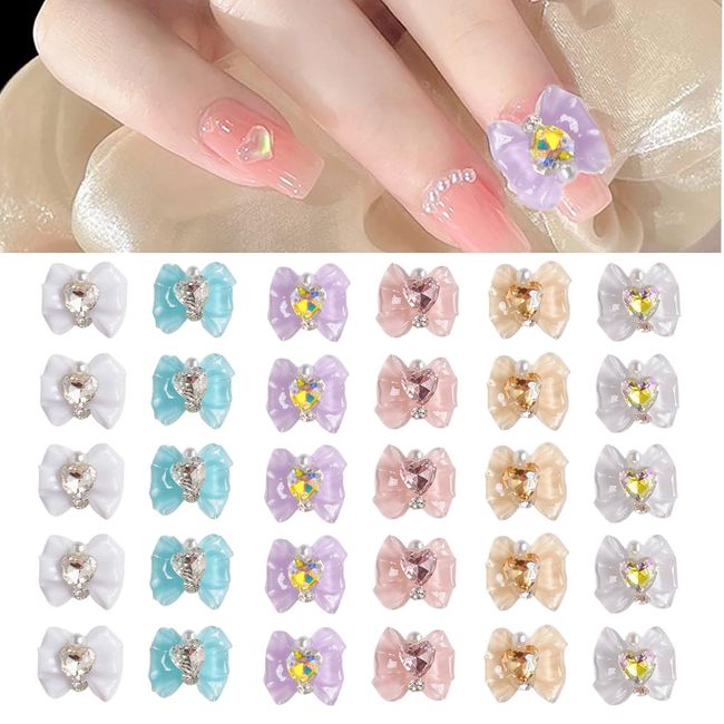 Bow Nail Charms,30PCS Mixed Colors 3D Heart Rhinestone Bowknot Nail Gems,Bow Tie Nail Ornaments Nail Art Accessory for Women Girls Manicure Design DIY Crafts