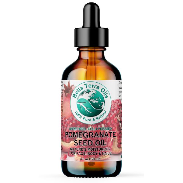 Bella Terra Oils - Organic Pomegranate Seed Oil 4 oz - A Powerhouse of Nutrients & Essential Fatty Acids, Delightfully Cold-Pressed for Pure Skin Nourishment