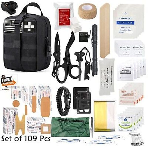 109Pc First Aid Kit For Tactical Emergency Trauma Military Survival Travel Black