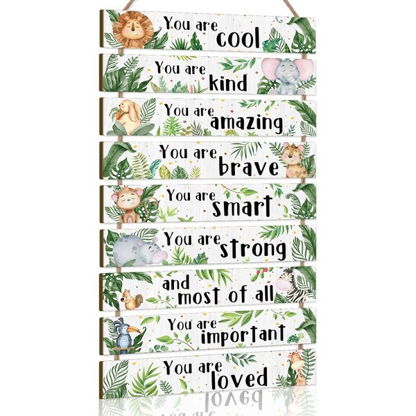 KAIRNE Jungle Animals Hanging Sign,Inspirational Phrases Wall Art for Nursery,Animals Wall Decor,Woodland Animals Wooden Sign for Kids Bedroom,Motivational Quotes Wall Plaques for Babyroom Playroom