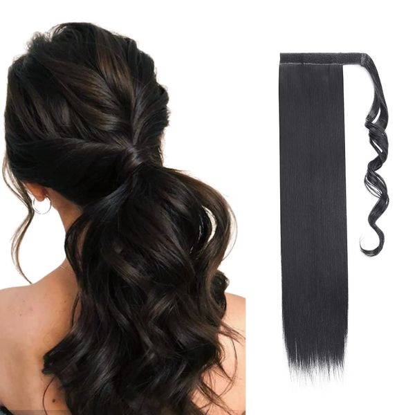 23" Long Straight Wrap Around Ponytail Clip in Hair Extensions One Piece Hairpiece Magic Tape in Pony Tail Extension for Women Dark Black