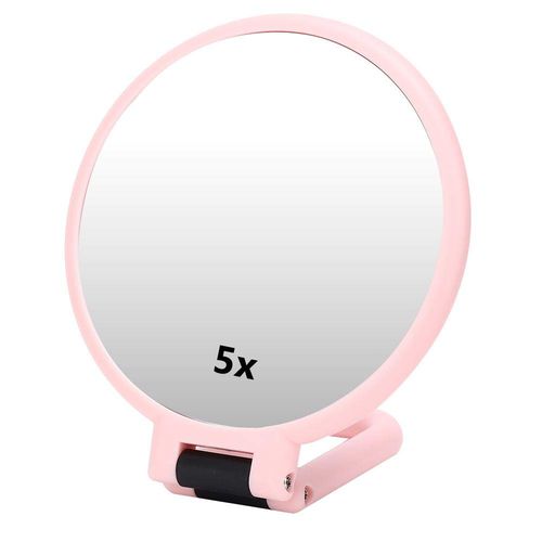 DoubleSided Magnifying Makeup Mirror, Table Top Vanity Mirror, Handheld Mirror 5X 4.7In Magnifying Folding Adjustable Cosmetic Mirror Travel Portable Makeup Mirror (Pink)