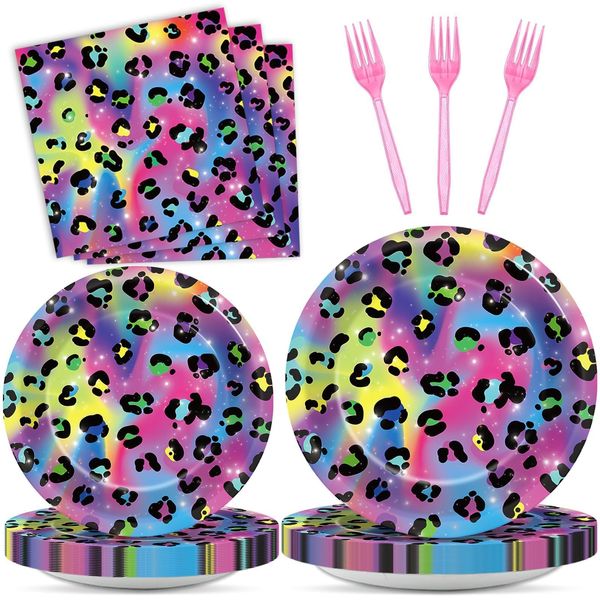 96Pcs Neon Rainbow Leopard Birthday Party Supplies Cheetah Party Plates and Napkins Neon Rainbow Leopard Party Disposable Tableware Decorations for Neon Baby Shower Party Favors for 24 Guests