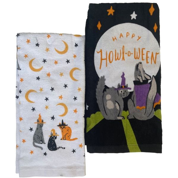 Celebrate Halloween Howling Cat & Dog Kitchen Towel Set, 2 Pet Themed Towels