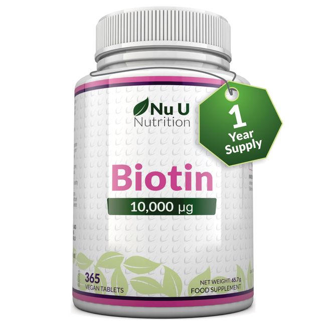 Biotin Hair Growth Supplement - 365 Vegan Tablets (Full Year Supply) - Biotin 10,000mcg by Nu U Nutrition