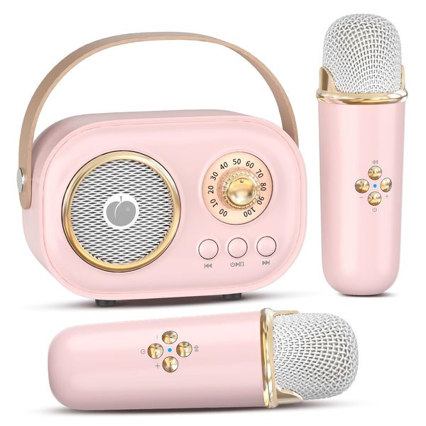 Mini Karaoke Machine for Kids Adults,Portable Bluetooth Speaker with 2 Wireless Microphones, Gifts Toys for Girls 3, 4, 5, 6, 7, 8+ Years Old Birthday Family Home Party Microphone Preamps-Pink