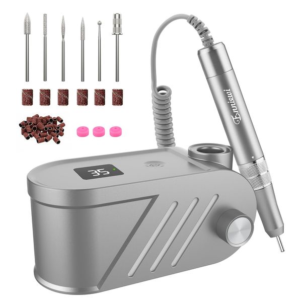 Enniewi Nail Drill 35000RPM, Electric Nail File for Acrylic and Gel Nails, Professional Nail Drill Machine, Manicure Pedicure E File Kit for Home and Salon Use with LCD Display, Touch Button, Grey