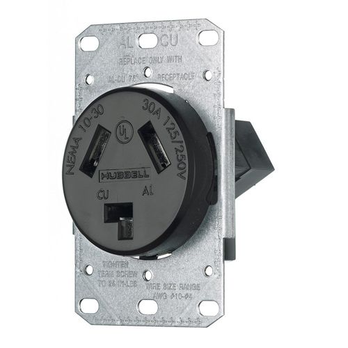 Bryant Electric RR330F Range & Dryer Flush Receptacle, 30 Amp, 125/250V, NEMA 10-30R, 2-Pole, 3-Wire, Black