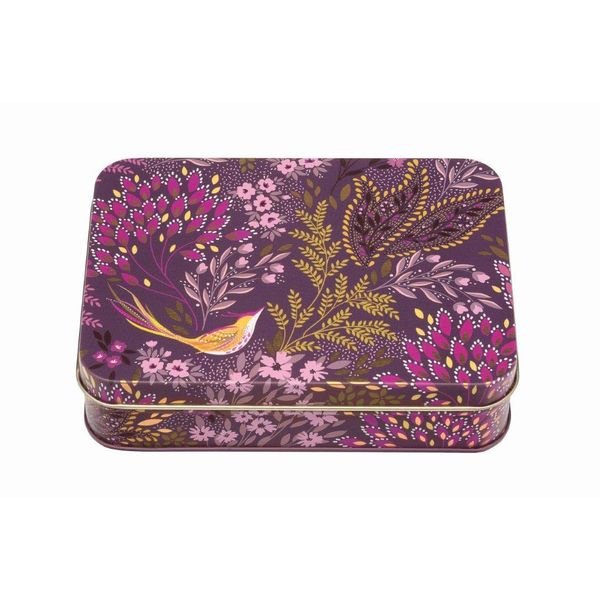 Elite Gift Boxes Sara Miller New Havali Small Rectangular Tin Purple Leaves and Birds 141 x 101 x 32mm