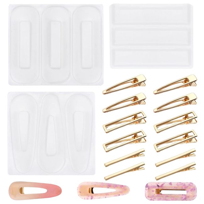 Samcos Hair Clip Silicone Mold Set of 3 with 12 Hardware Clips Rectangle Resin Hair Pin UV Resin Epoxy Resin Soft Mold Handmade DIY Resin Craft Making (I)