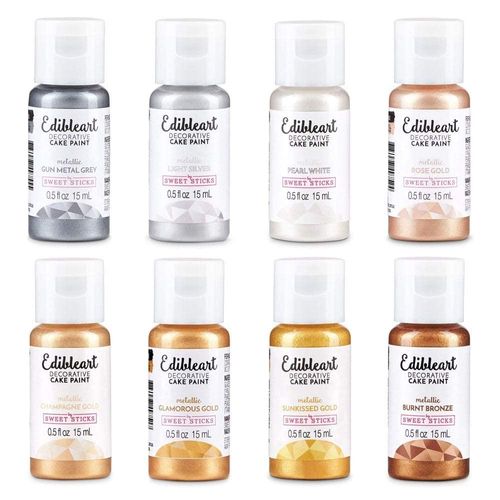 SWEET STICKS Edible Art Decorative Cake Paint 0.5 Ounce (15 Milliliters), 8 Assorted Metallic Colors