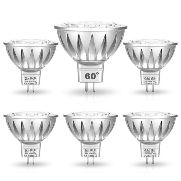 ALIDE MR16 Led Bulbs 60° (60 Degree) Wide Beam Angle,5W Replace 20W 35W Halogen,2700K Soft Warm White,Low Voltage 12volt MR16 GU5.3 Bulb Spotlights for Track Recessed Landscape Lighting,450lm,6 Pack