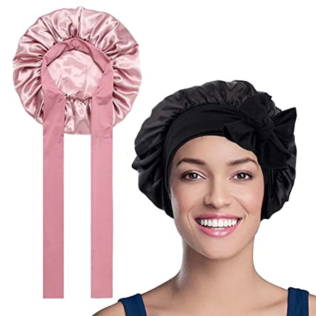 WUBAYI 2PCS Satin Sleep Cap, Silk Bonnet Hair Wrap for Sleeping, Hair Bonnet for Bath, Tie Band for Women Long Curly Braid Hair (Black, Pink)