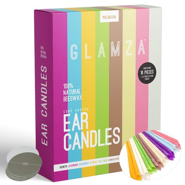 Organic Hopi Ear Candles for Blocked Ears - All Natural Ear Wax Remover - GLAMZA 100% Natural Beeswax Candle - 16 pcs (8 Pairs) with 8 Protective Disc Cones for Safe & Effective Ear Candling