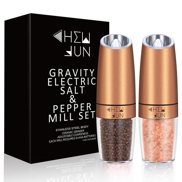 Gravity Salt and Pepper Grinder Set with Adjustable Coarseness Automatic Pepper and Salt Mill Set Battery Powered with White LED Light,One Hand Operated,Brushed Stainless Steel by CHEW FUN