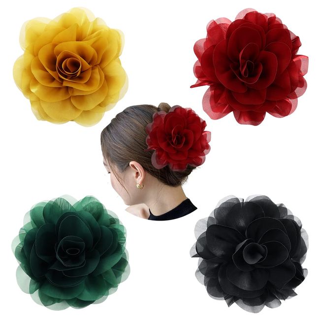 Cinaci 4 Stück schwarze Kunststoff-Haarklammern mit großen großen Chiffon-Blumen-Rosen-Schleife, Haarspangen, Klemmen, Pferdeschwanz-Halter, Dutt, Chignon-Halter, Haarschmuck für Frauen und Mädchen