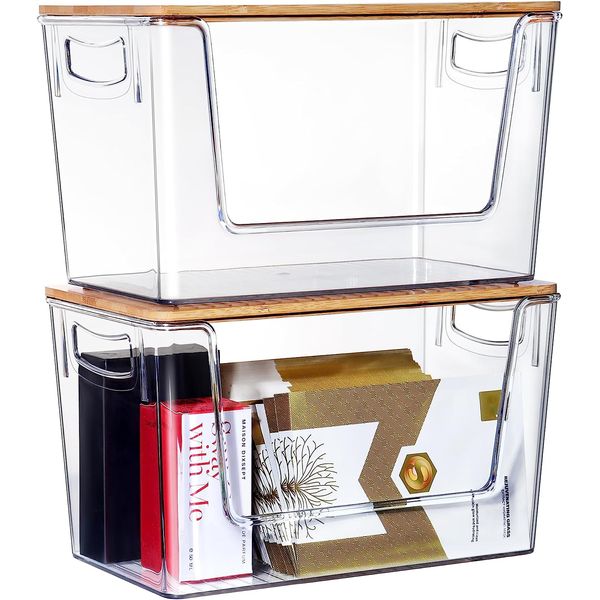 Clear Stackable Storage Bins Containers Acrylic Open Front with Lids Organizing