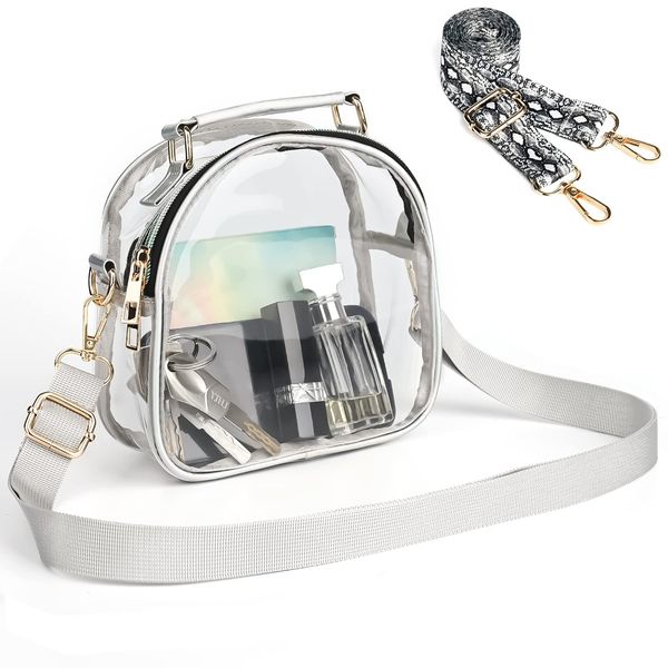 Valleycomfy Women's Clear Bag, Shoulder Transparent Bag, Crossbody Bag, Vinyl with Replacement Pattern Strap, Silver