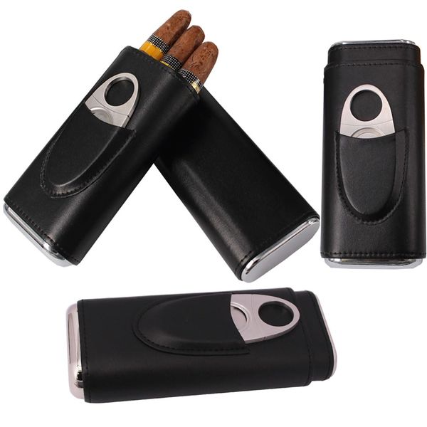 AMANCY Classic Black Leather 3 Fingers Cigar Case with Cedar Wood Lining,Silver Stainless Steel Cutter Contained