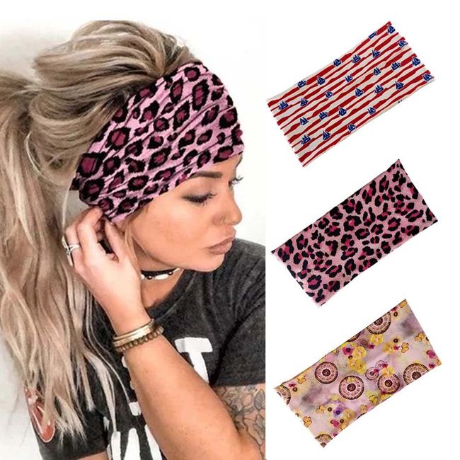 Zoestar Breite Stirnbänder, pink, Leopardenmuster, Stretch-Yoga-Haarbänder für Damen und Mädchen, 3 Stück