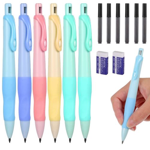 KFHENSOMR Cute Mechanical Pencils Set with Comfort Ergonomic Grip, Aesthetic Supplies with 6 Leads Refills, 2 pcs Erasers - 6PCS Colorful 2.0MM Pencils for Writing & Drawing
