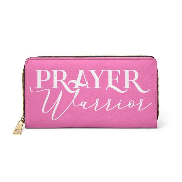 Womens Wallet, Zip Purse, Pink & White Prayer Warrior - One size