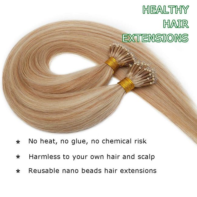 My-lady Nano Bead Hair Extensions Human Hair Invisible Nano Ring Hair Extensions Pre Bonded Cold Fushion Natural Nano Tips Extensions 50 Strands 50g