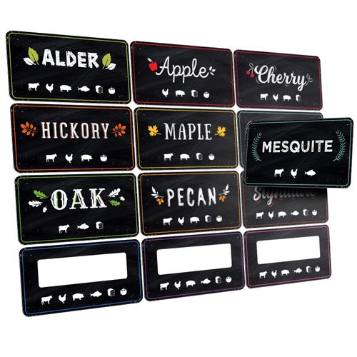 Levain & Co 12 Pack Pellet Bucket Label Stickers for Wood Pellet Storage Bin - Organize Flavors for Outdoor Pellet Grill & Wood Pellet Smoker - All Weather Smoker Pellet Storage Stickers