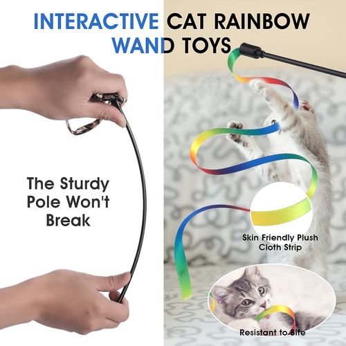 cobee 3 Packs Cat Wand Toy Set, 30cm Cat Interactive Wand with 60cm Rainbow Ribbon String+ Rainbow Cloth String + Leopard Print Cloth String for Pet Kitten Training Exerciser Indoor Kitten Catcher