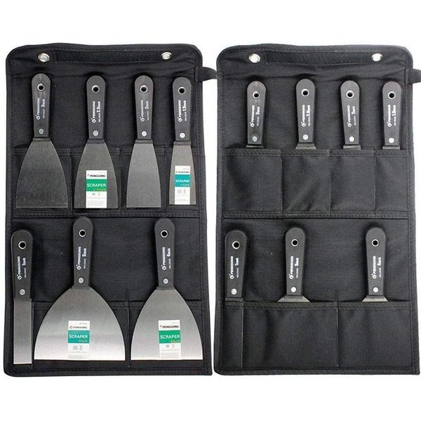 7 Pieces Scrapers and Filling Knives Set with Tool Bag, 50# Steel Putty Knives, Wall Paint Scrapers with Anti-Slip Plastic Handle, DIY Tools