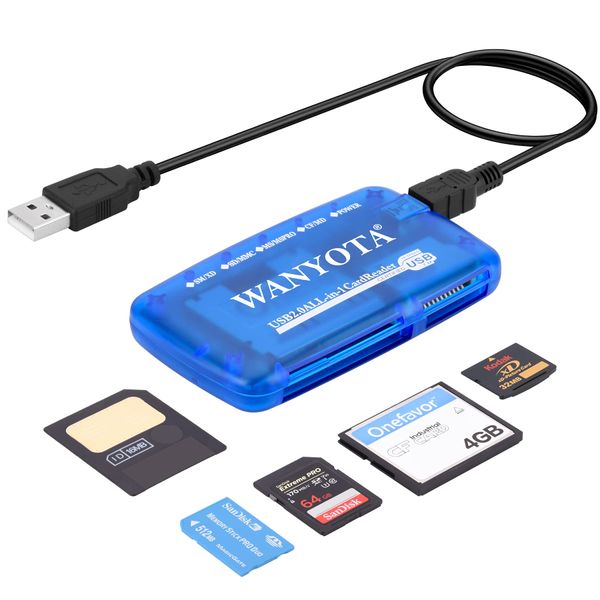 WANYOTA Smart Media Card Reader Writer, All-in-One USB Universal Multi-Card Adapter, Camera Flash Memory Card Reader for Smart Media, xD, SD, UHS-I, MMC, MS Pro Duo, CF, MD, Windows, Mac, Linux