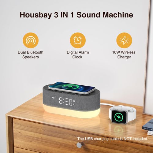HOUSBAY Sound Machine with Alarm Clock for Bedrooms, Dual Speakers, 21 HiFi Sounds, 10W Wireless Charger, Unlimited Sound, Bluetooth, 10 Night Light, White Noise Machine for Sleeping, Black