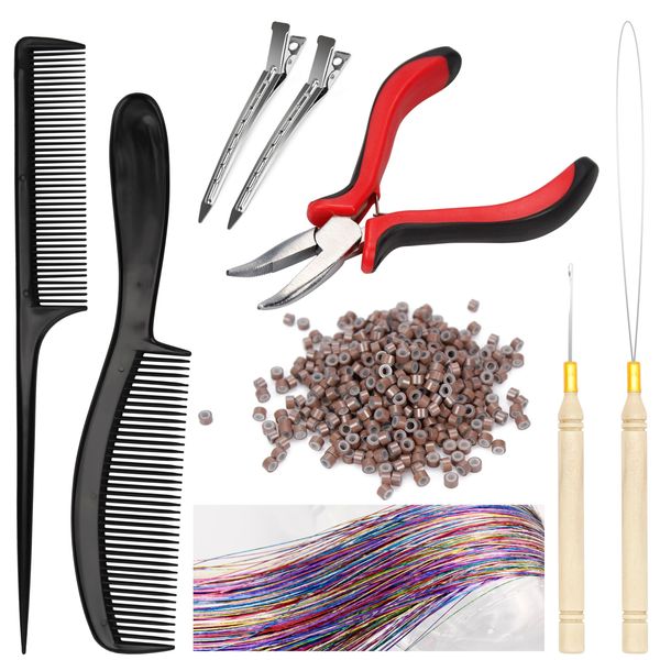 Beayuer Hair Extension Tool Kit, Needle Nose Pliers Pulling Hook Bead Device Tool Kits and 500Pcs Silicone Lined Micro Rings for Human Hair Extensions (500 Micro Rings, Brown)