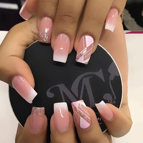 24pcs French Tip False Nails Short Square White Pink Ombre Press on Nails Glitter Gold Fake Nails Glue on Nails Geometry Removable Fake Nails Full Cover Nails Women Girls Nail Art Accessories