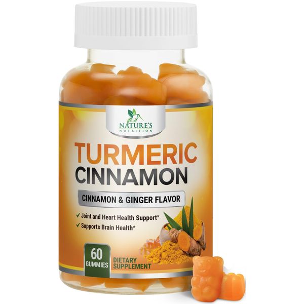 Turmeric Curcumin with Cinnamon & Ginger Gummies 95% Curcuminoids Black Pepper for Max Absorption Joint Support, Nature's Tumeric Herbal Extract Supplement Gummy Capsules, Vegan, Non-GMO - 60 Gummies