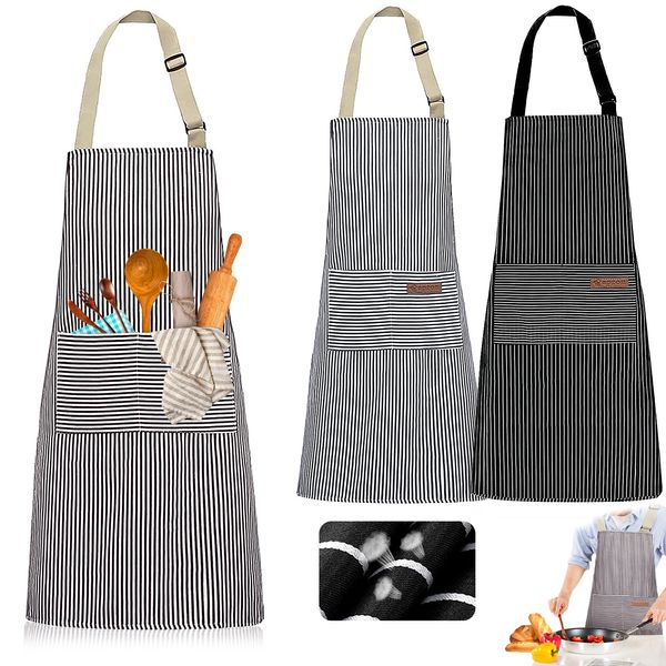 Kitchen Cooking Aprons, 3 Pack Adjustable Cooking Baking Aprons For Women Men Cotton Soft Chef Apron with 2 Pockets for Restaurant Cafe Garden Unisex Bib Home Aprons (Stripes)