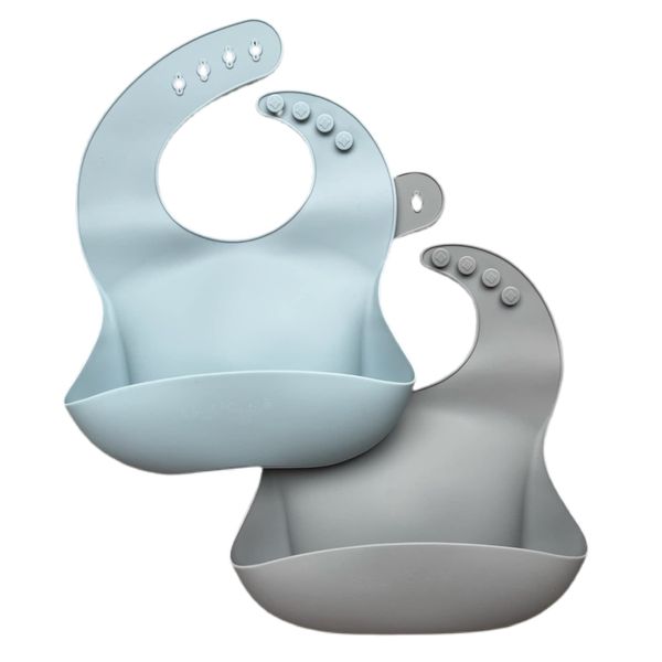 Wriggle & Giggle Baby Silicone Bibs with Food Catchers, 2 Pack (Dusty Blue/Grey)