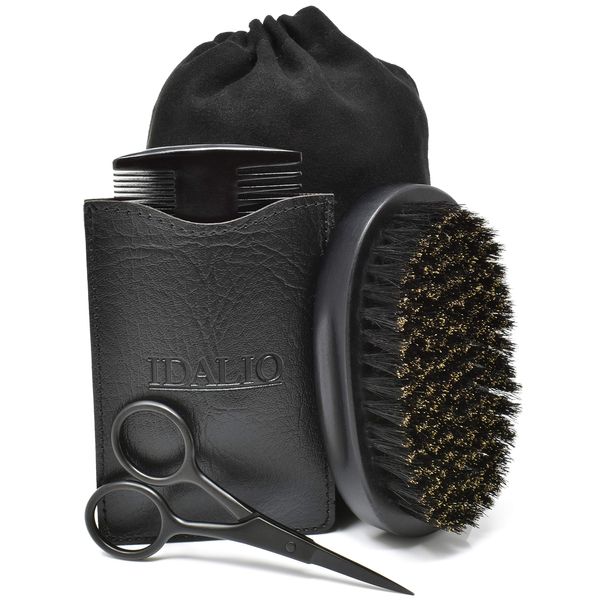 IDALIO® Beard Brush and Comb Set for Men Grooming with Natural Boar Bristle Beard Brush Pear Wood Bear Comb and Stainless Steel Trimming Beard Scissors