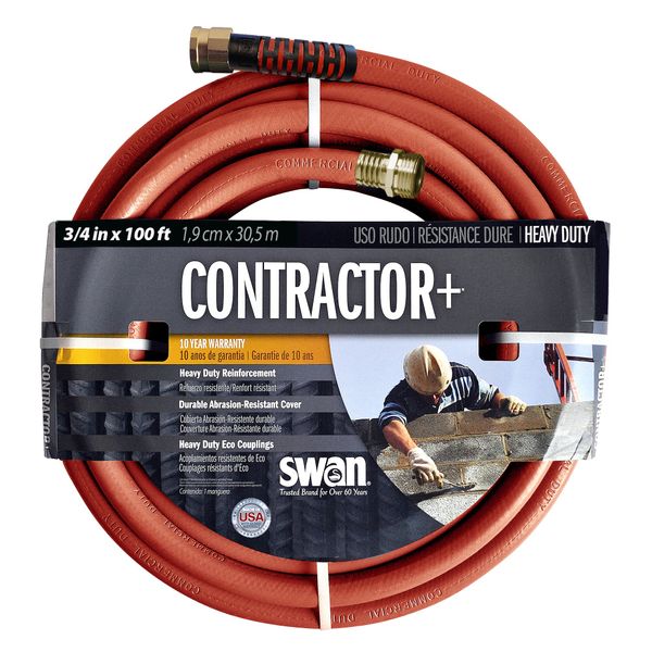 Swan Products SNCG34100 CONTRACTOR+ Commercial Duty Clay Water Hose with Crush Proof Couplings 100' x 3/4", Red